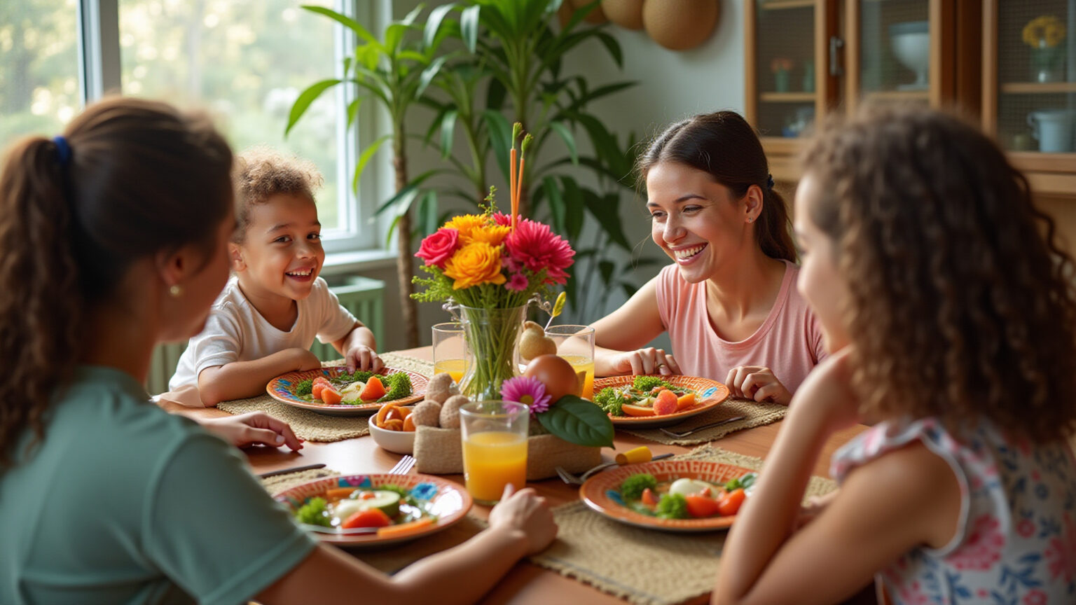 Mesa de jantar para 4 pessoas decorada com estilo brasileiro vibrante.