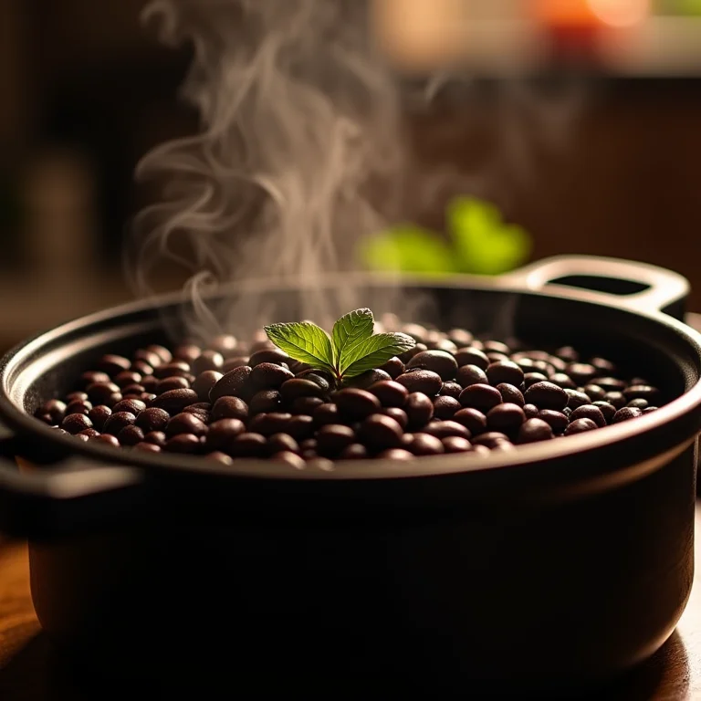 Feijão preto cozinhando lentamente