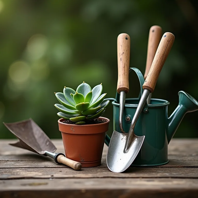 Ferramentas de jardinagem e suculenta em vaso pequeno