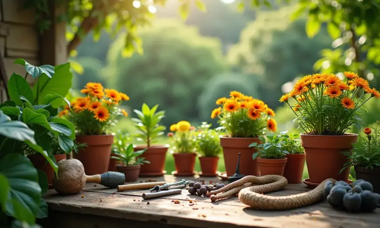 Ferramentas de jardinagem essenciais para iniciantes dispostas em um jardim vibrante.