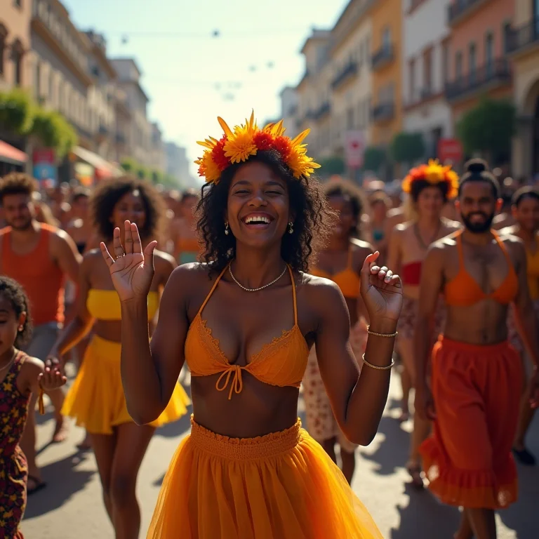 Festa de Carnaval de rua com pessoas diversas dançando e celebrando.