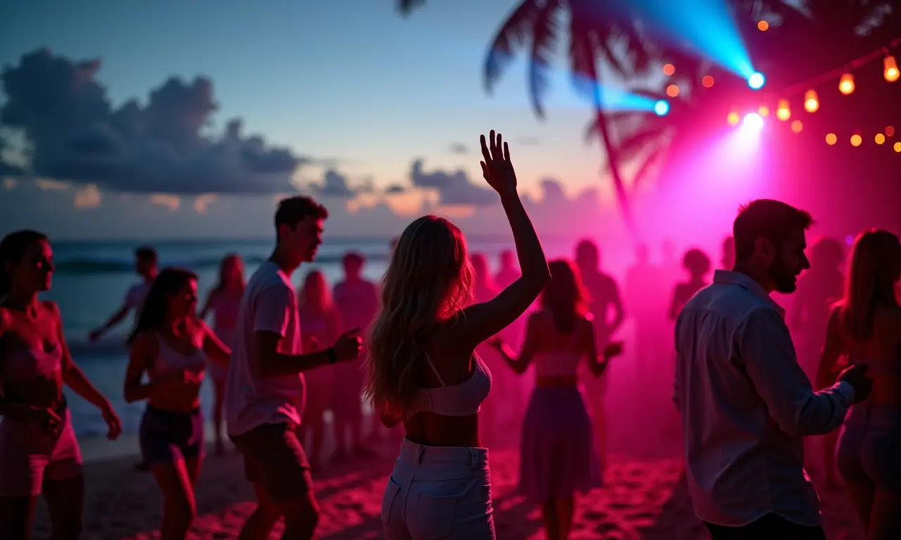 Festa na praia em Morro de São Paulo com pessoas dançando.