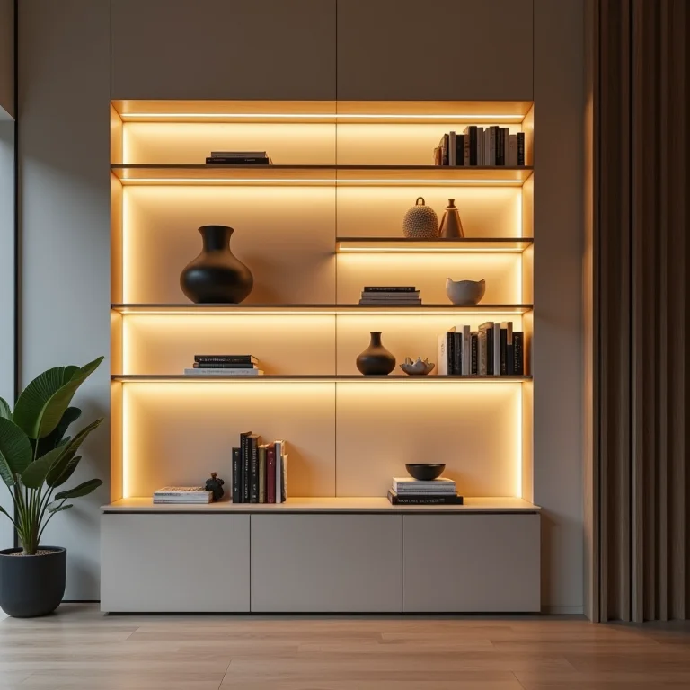 Fita de LED destacando estante com objetos decorativos.