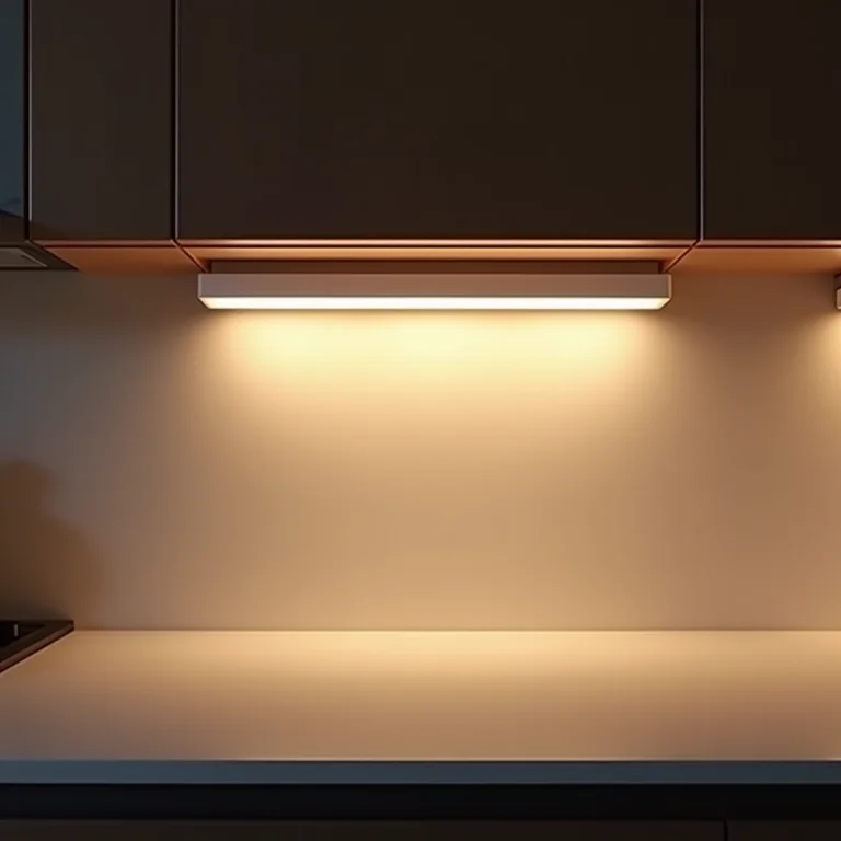 Fitas de LED sob armário de cozinha iluminando bancada