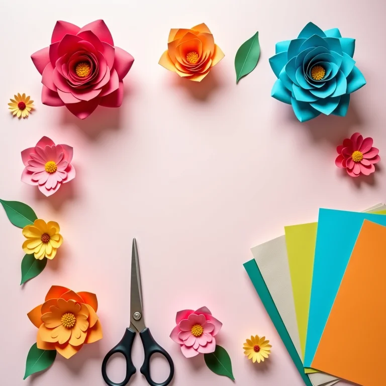 Flores de papel coloridas e materiais de artesanato em uma composição flat lay