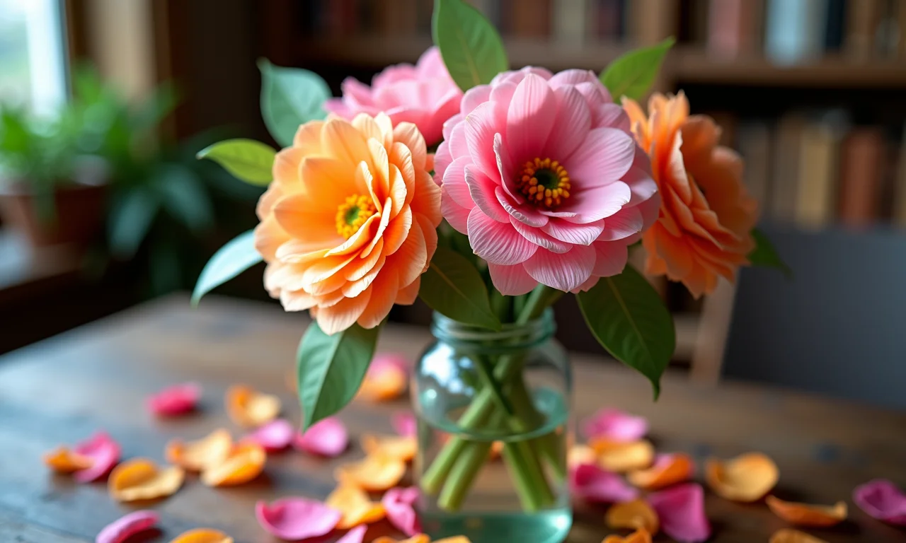 Flores de papel crepom em um vaso, decorando uma mesa rústica.
