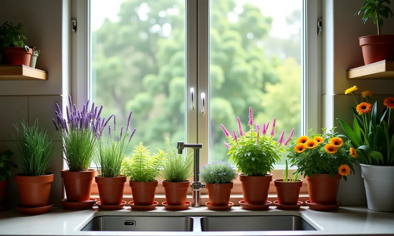 Flores e plantas aromáticas na janela da cozinha provençal.