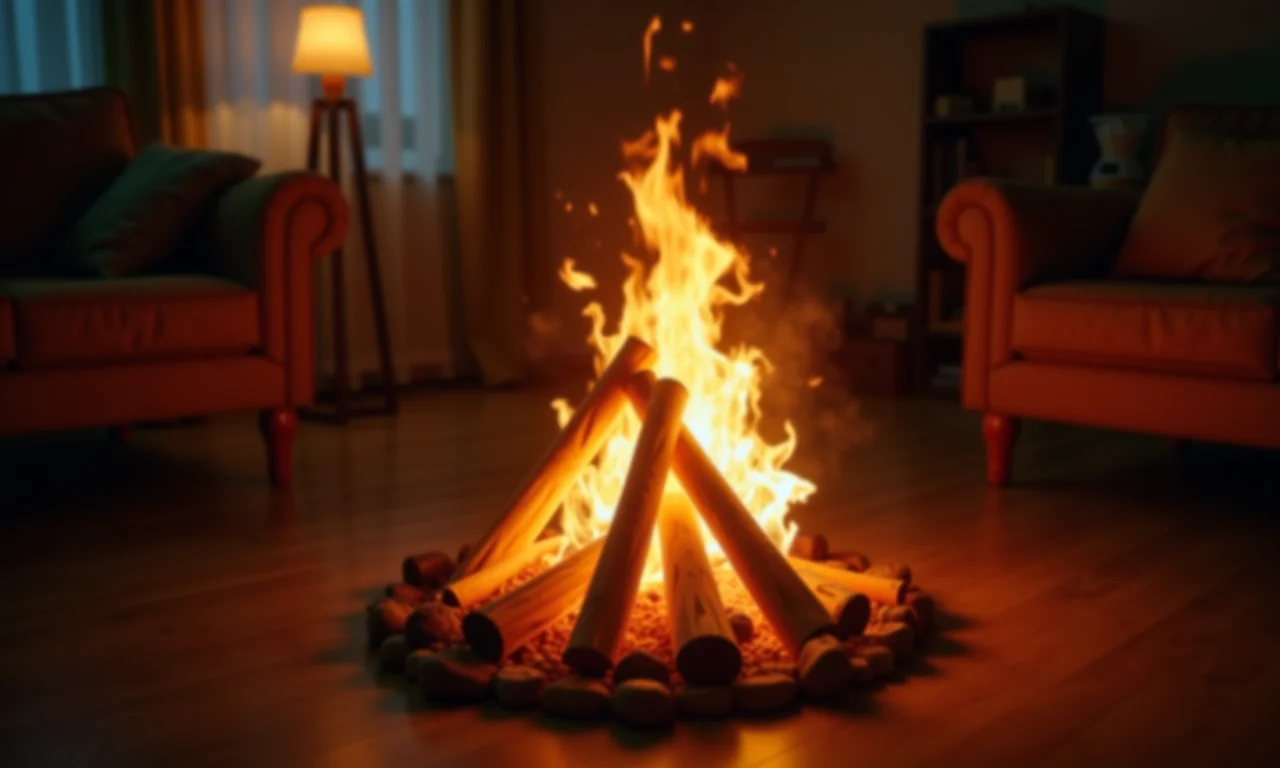 Fogueira de papel segura e divertida em uma sala de estar.