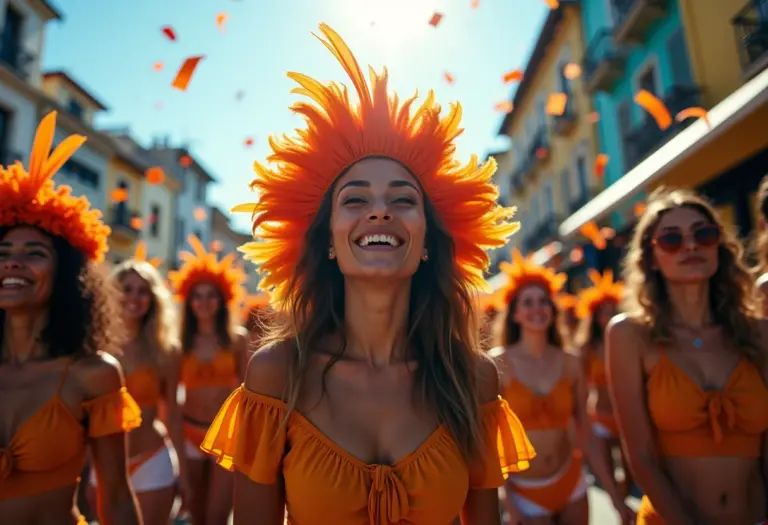 Foliões celebrando o Carnaval no Brasil com alegria e cores vibrantes.