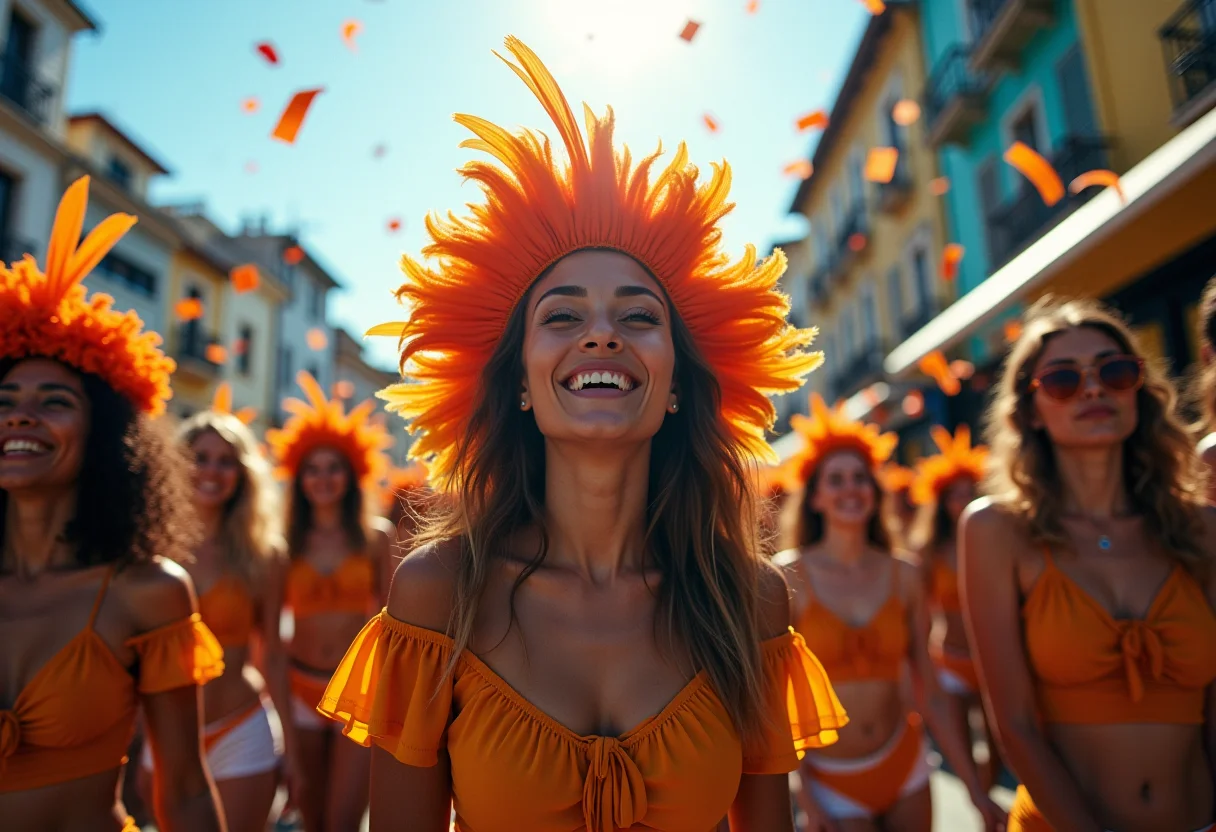 Foliões celebrando o Carnaval no Brasil com alegria e cores vibrantes.