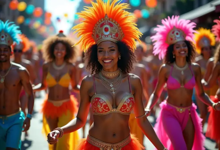 Foliões em desfile de Carnaval no Brasil
