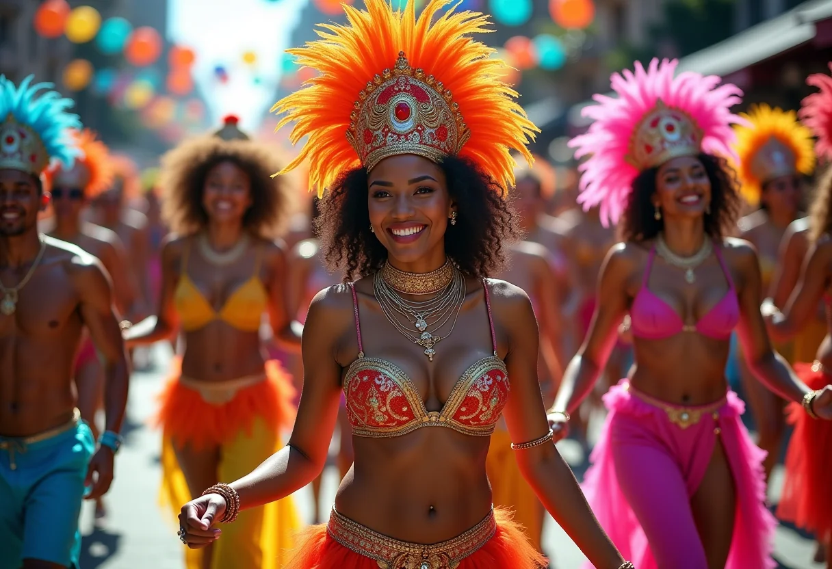Foliões em desfile de Carnaval no Brasil