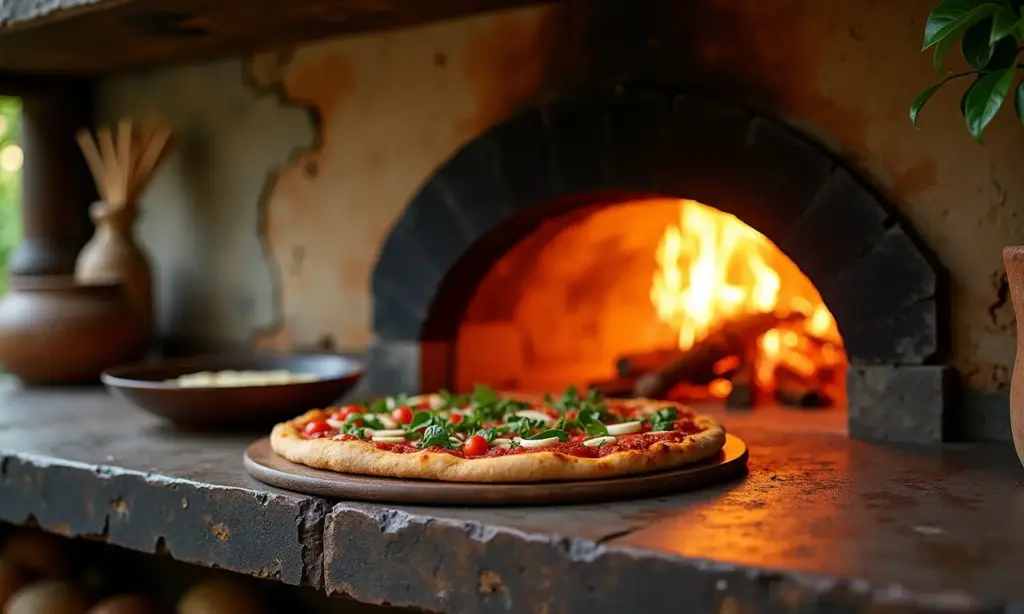 Forno a Lenha Como Ter um em Casa e Fazer Pizzas e Pães Incríveis Forno a lenha rústico em cozinha brasileira acolhedora, assando pizza.