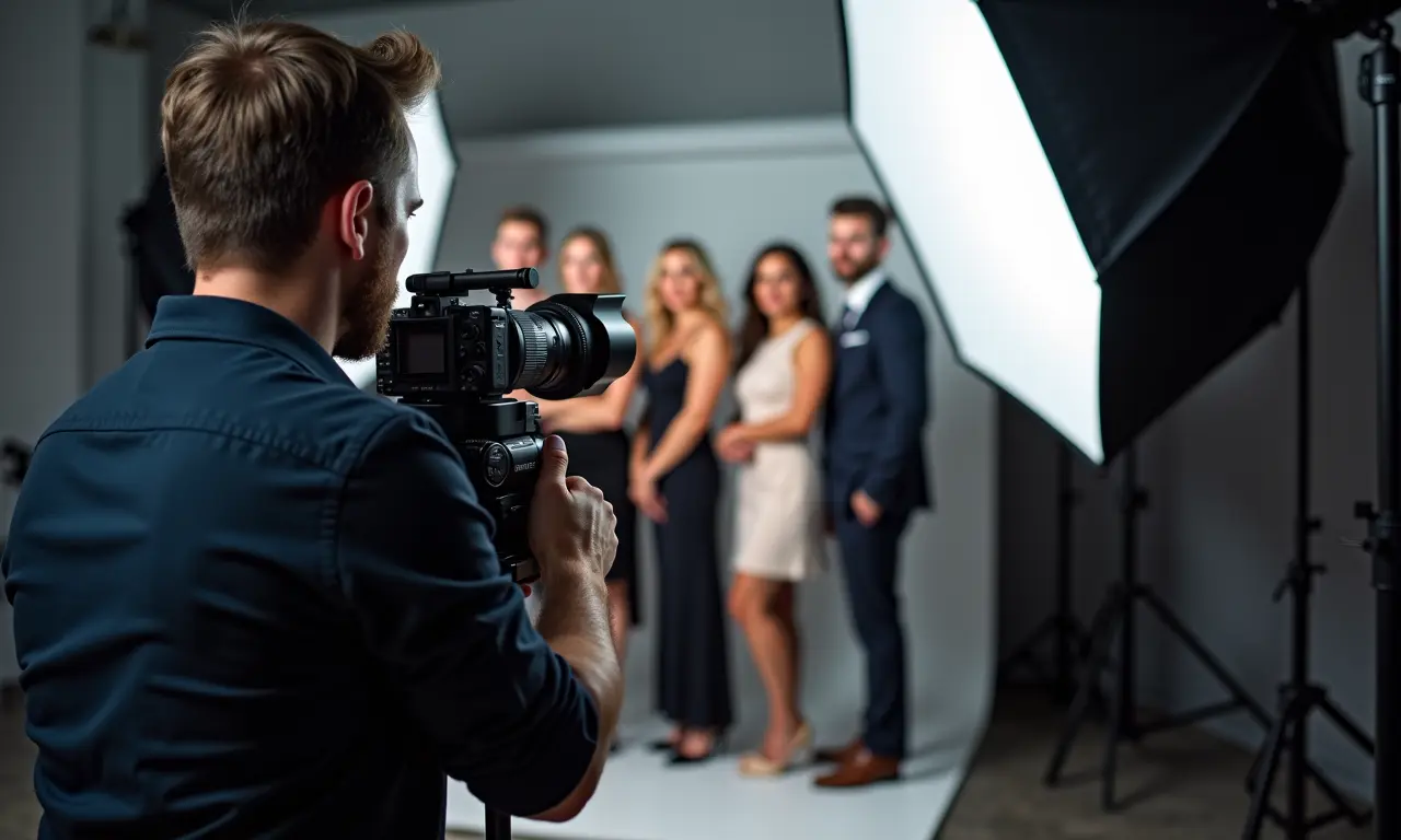Fotógrafa especialista ajustando iluminação em estúdio