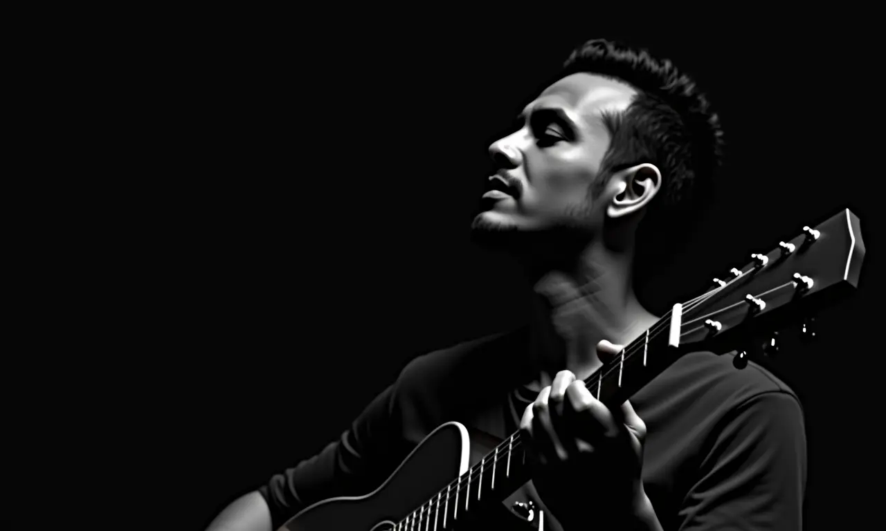 Fotografia em preto e branco: músico brasileiro tocando violão.