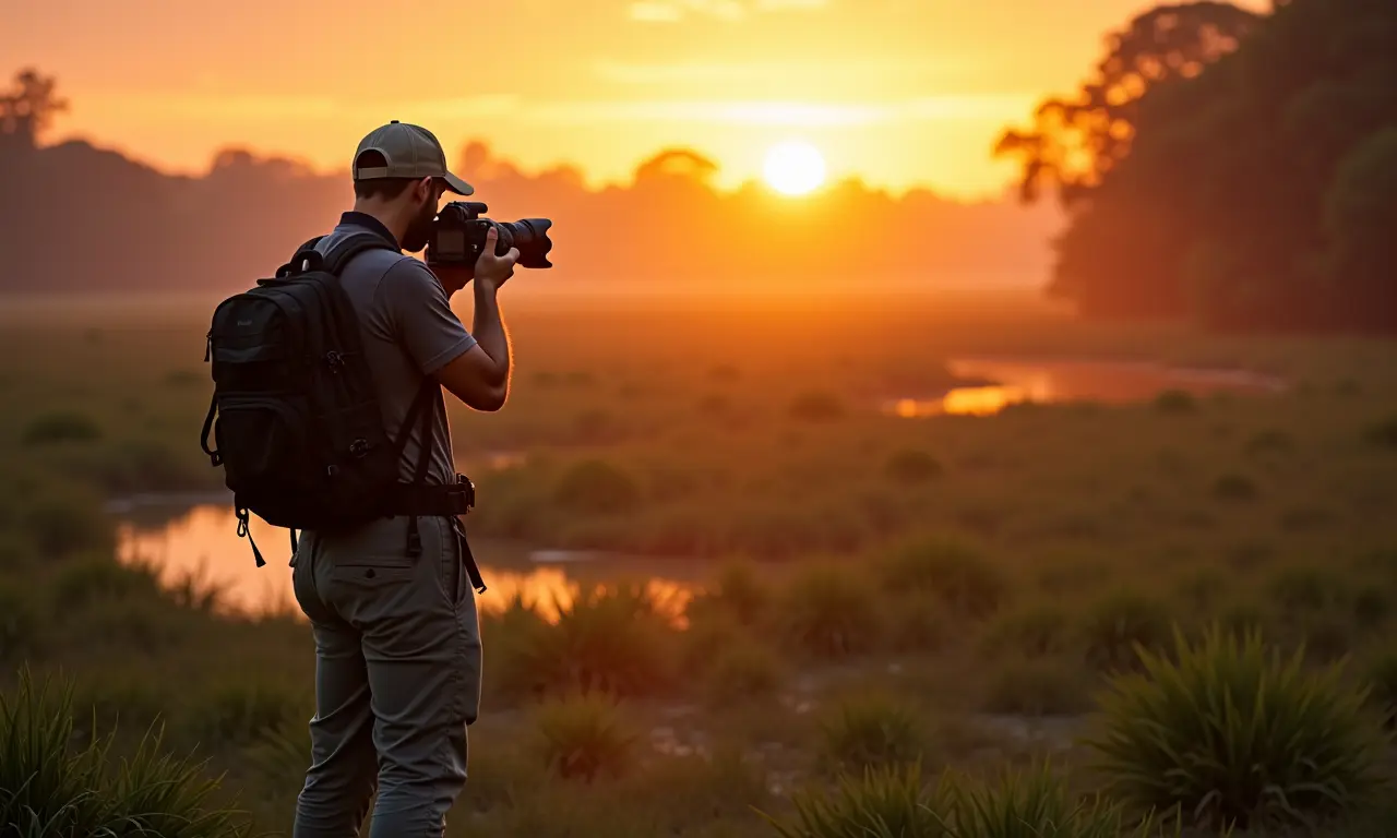 Fotógrafo capturando o nascer do sol no Pantanal.