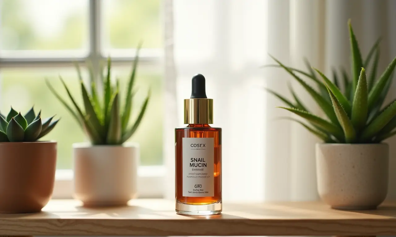 Frasco da Cosrx Advanced Snail 96 Mucin Power Essence em um ambiente minimalista.