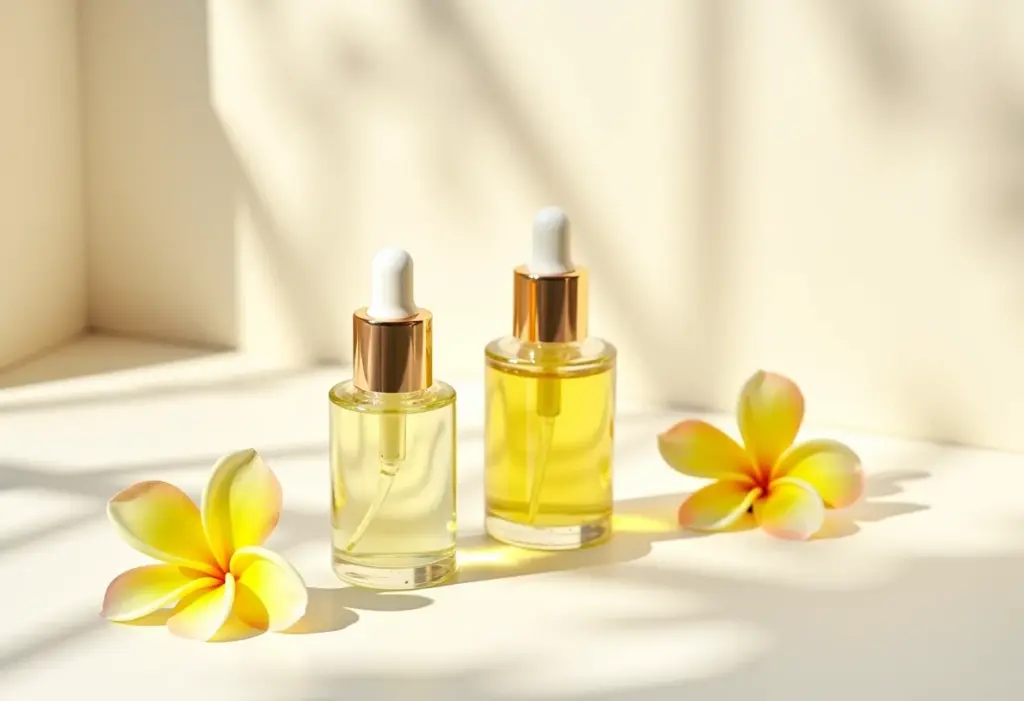 Frascos de cleansing oil dispostos artisticamente com flores frescas.