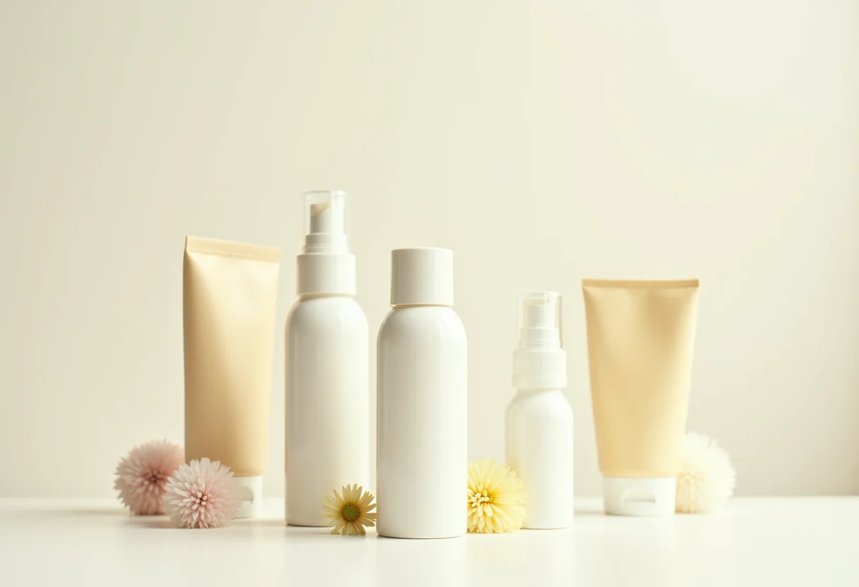 Frascos de desodorantes naturais e antitranspirantes em composição minimalista.