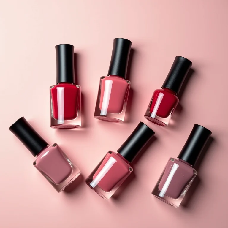 Frascos de esmalte e top coat dispostos em um flat lay.