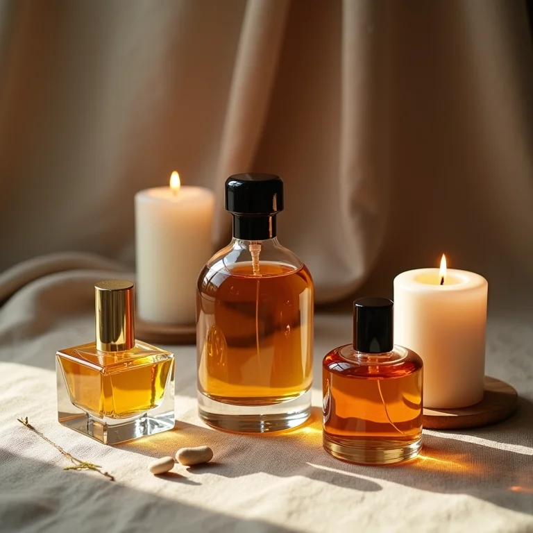Frascos de perfume antigos e velas aromáticas