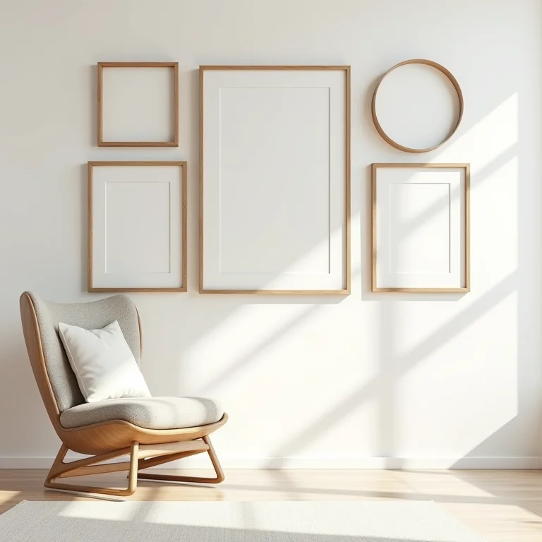 Gallery wall com composição assimétrica e quadros variados.