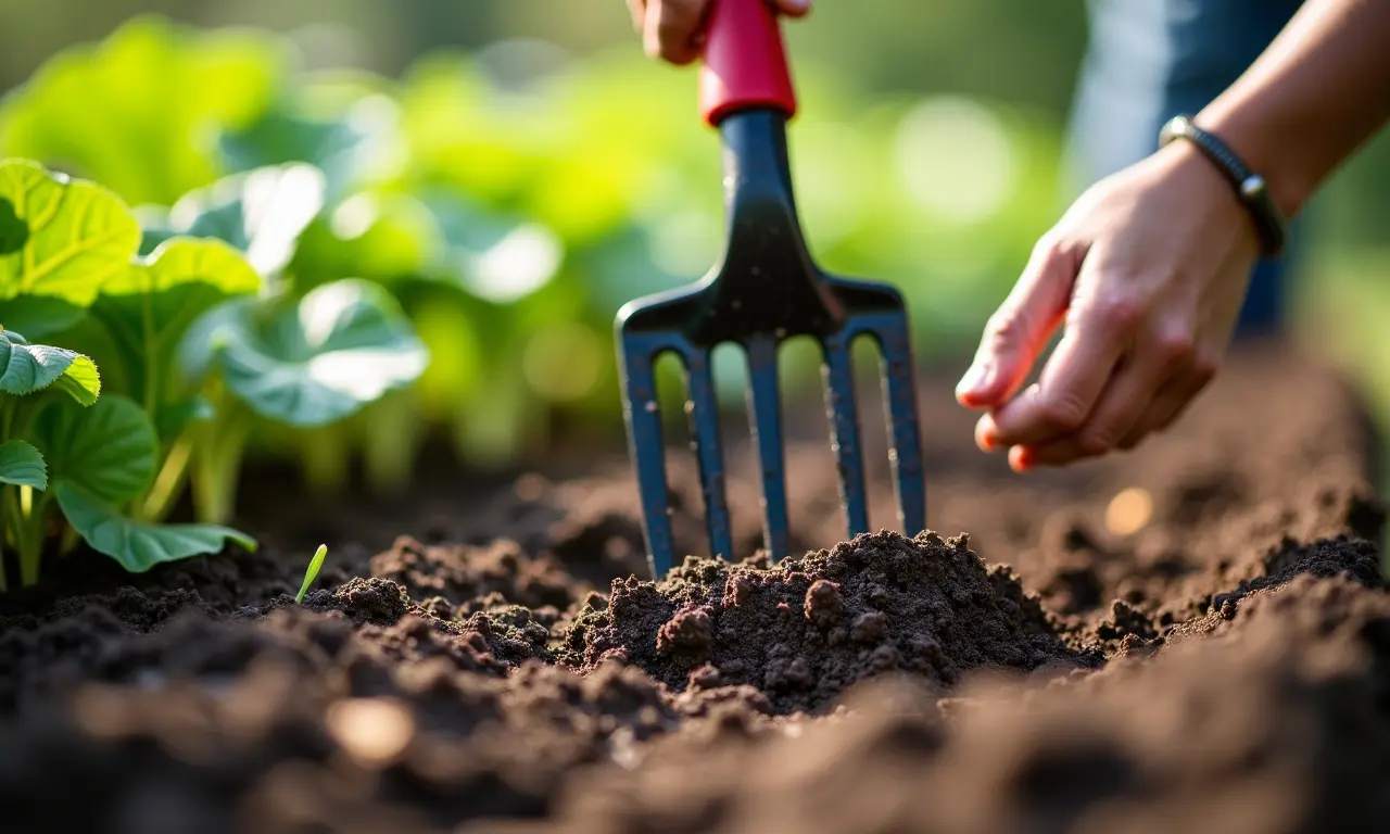 Garfo de jardinagem aerando o solo.