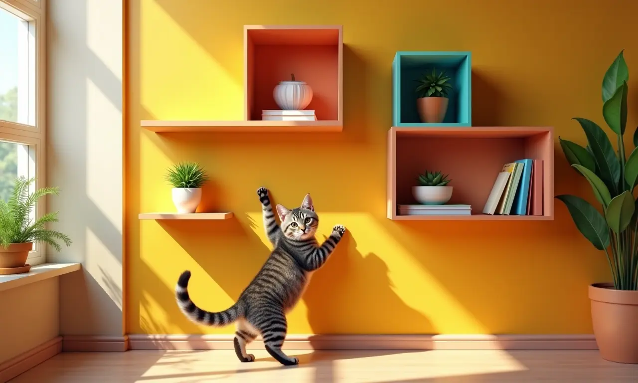 Gato explorando nichos e prateleiras coloridas na parede.