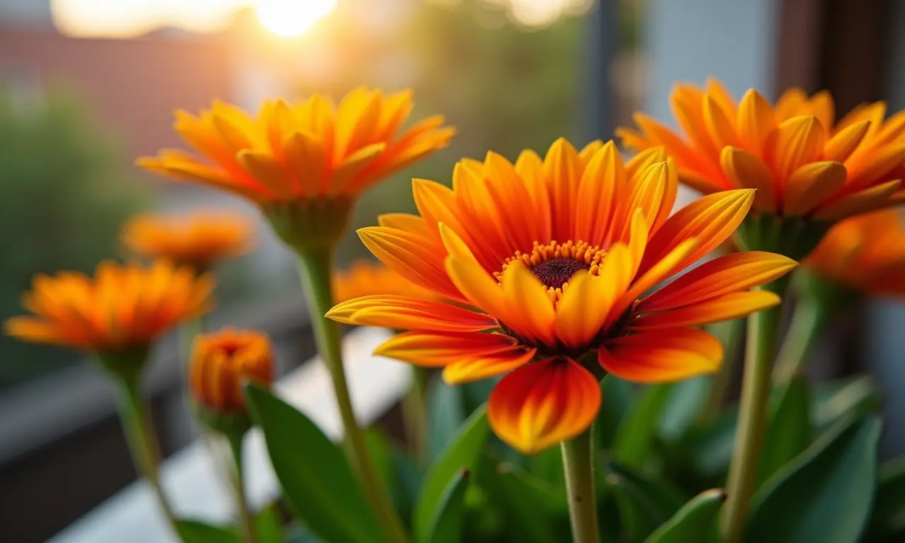 Gazânia com flores laranja e amarela se abrindo ao sol em uma varanda.