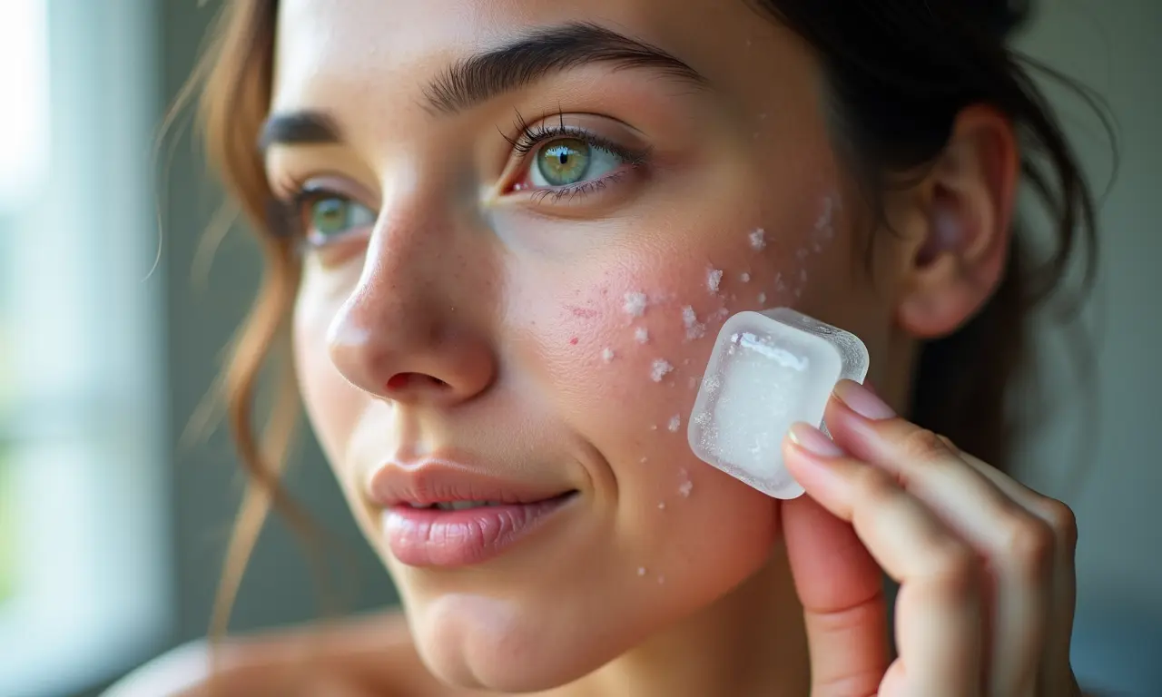 Gelo sendo aplicado no rosto para aliviar a acne e inflamações.