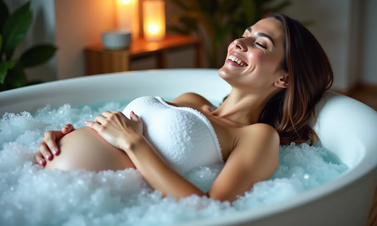 Gestante sorrindo e relaxando em hidromassagem, enfatizando a segurança.