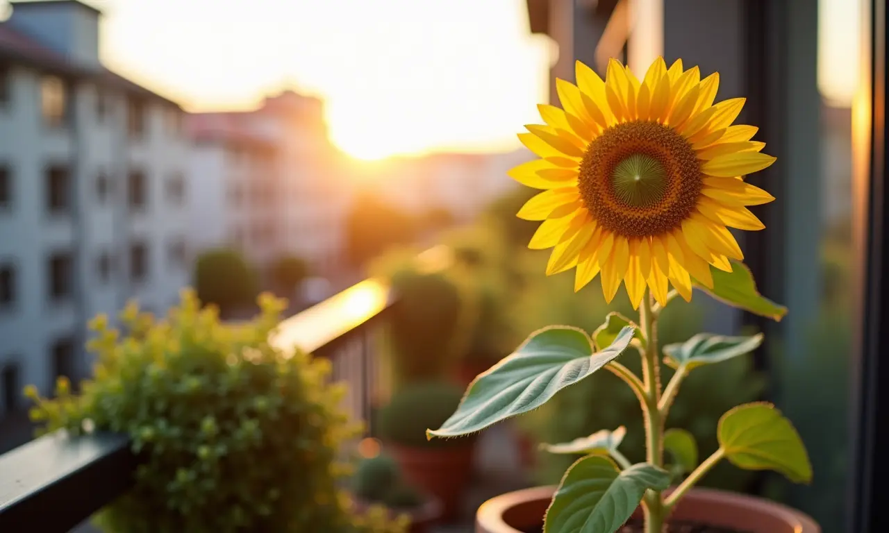 Girassol alto em um vaso em uma varanda ensolarada.