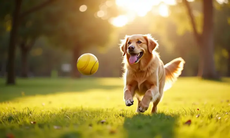 Golden Retriever brincando em parque ensolarado, demonstrando alegria e lealdade canina.