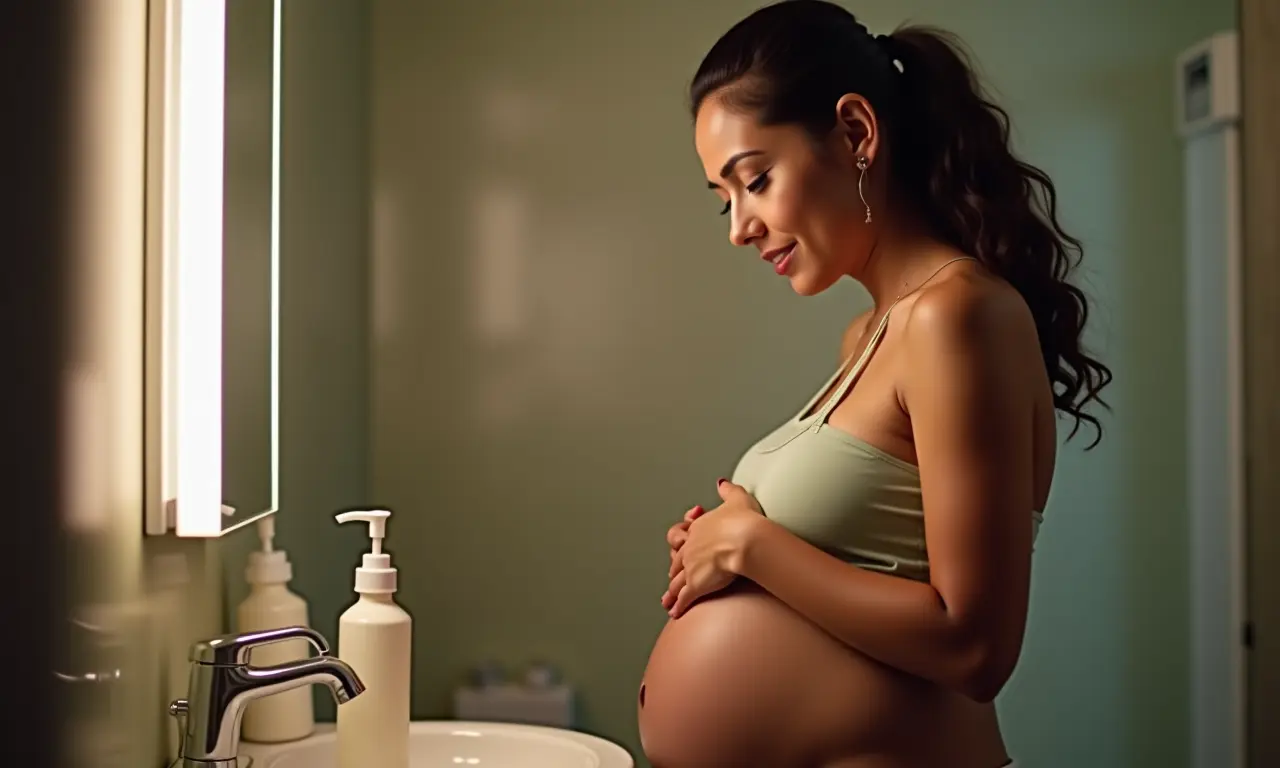 Grávida olhando para sabonete íntimo no banheiro.