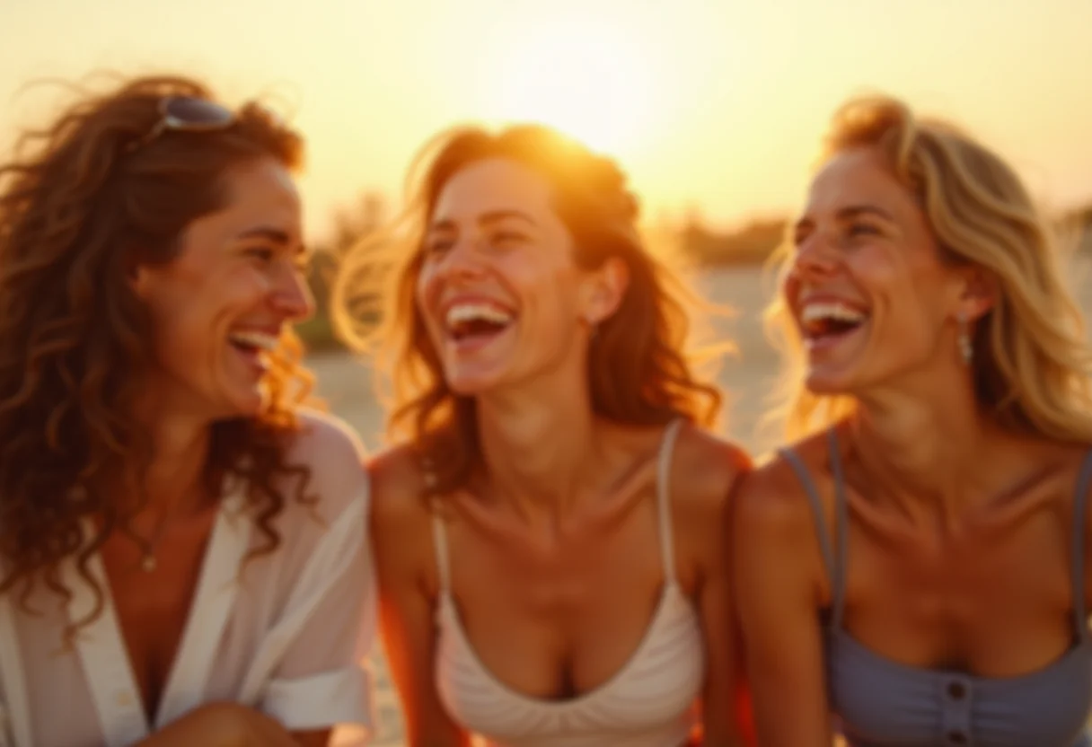 Grupo de amigas aproveitando piquenique na praia ao pôr do sol