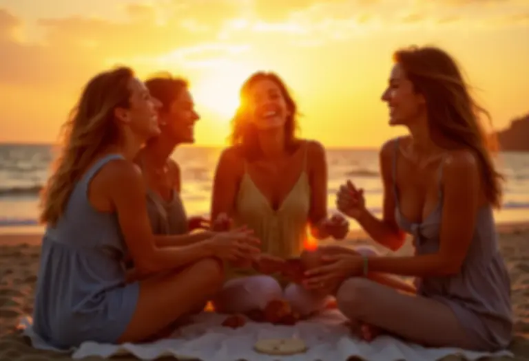Grupo de amigas em piquenique à beira-mar aproveitando o pôr do sol.