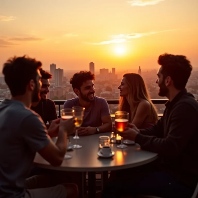 Grupo de amigos em um rooftop bar com vista para a cidade de Madrid ao pôr do sol.