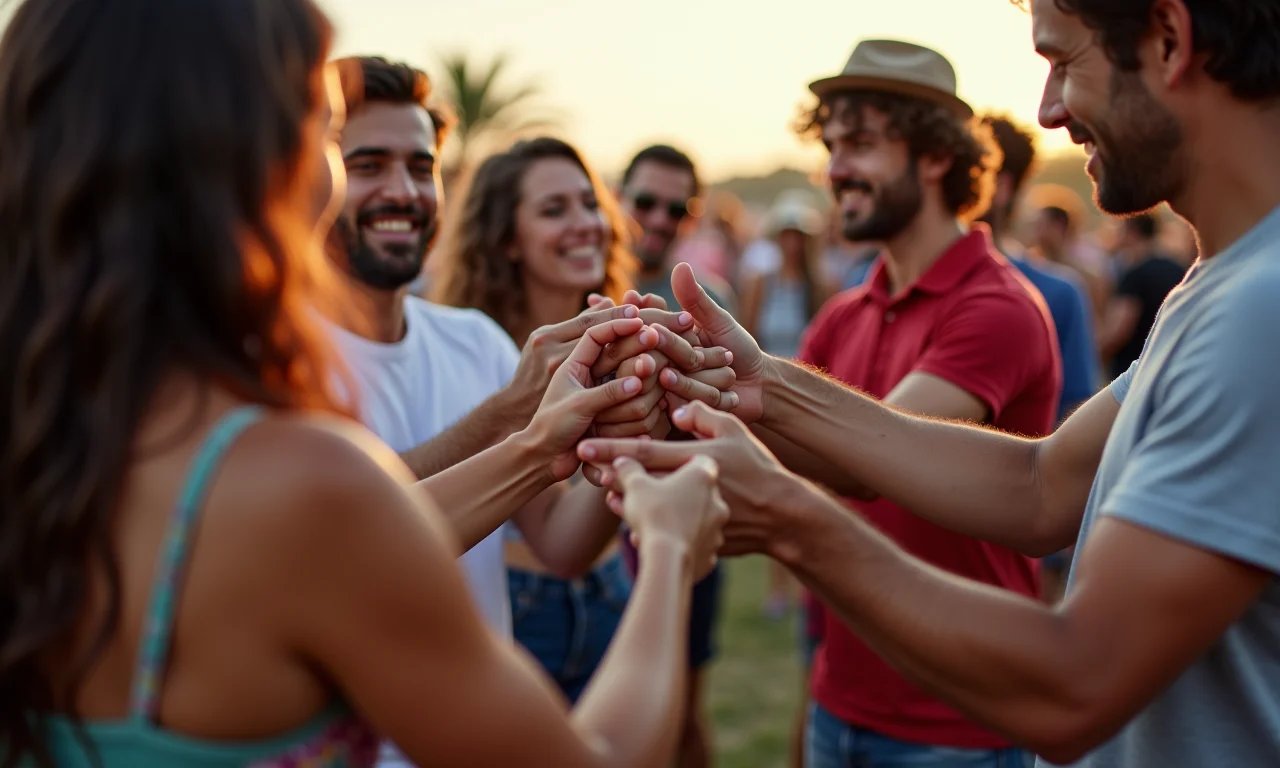 Grupo de amigos jogando argola em uma festa junina.