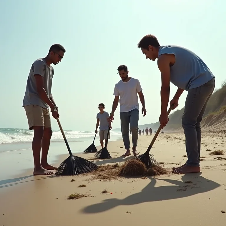Grupo de pessoas limpando a praia no Litoral Norte