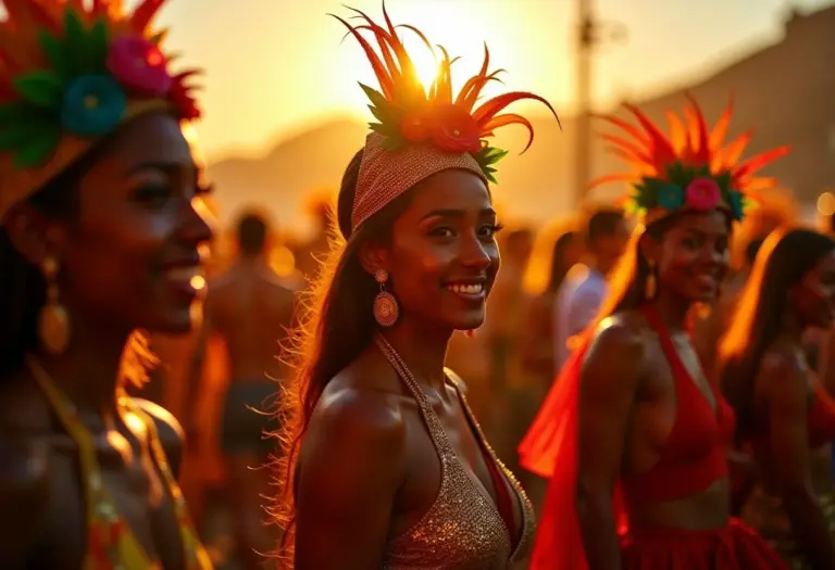 Grupo diverso celebrando o Carnaval no Rio de Janeiro com fantasias vibrantes.