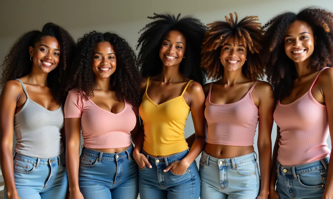 Grupo diverso de mulheres com diferentes tipos de corpo usando tops faixa.