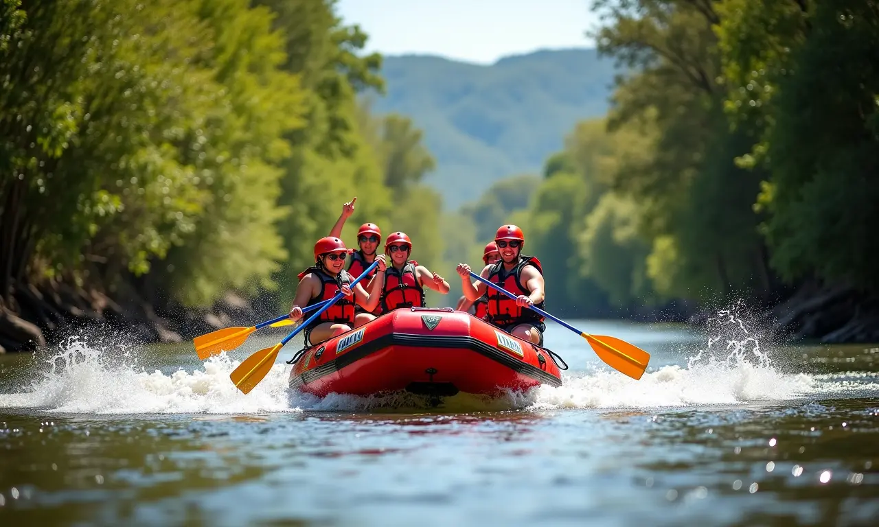 Grupo praticando rafting em rio de São Pedro, aventura e contato com a natureza.