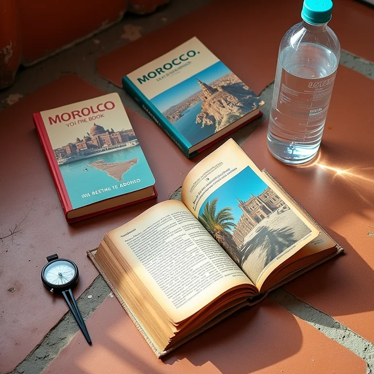 Guia de viagem e acessórios espalhados no chão de um riad no Marrocos.