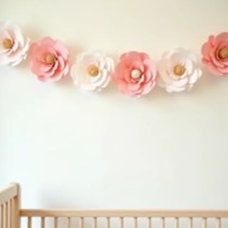 Guirlanda de flores de papel coloridas decorando um berço em um quarto de bebê