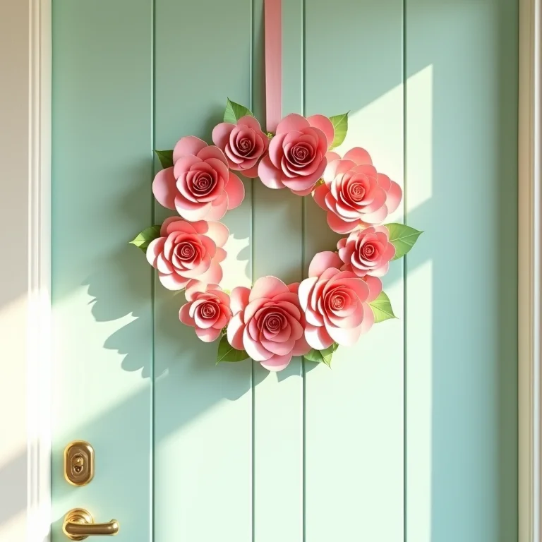 Guirlanda de flores de papel pendurada na porta.