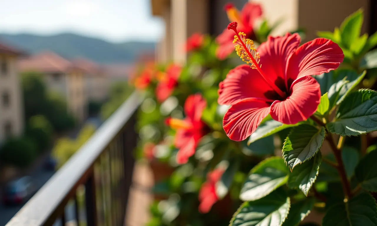 Hibisco vibrante com flores vermelhas em uma varanda ensolarada.