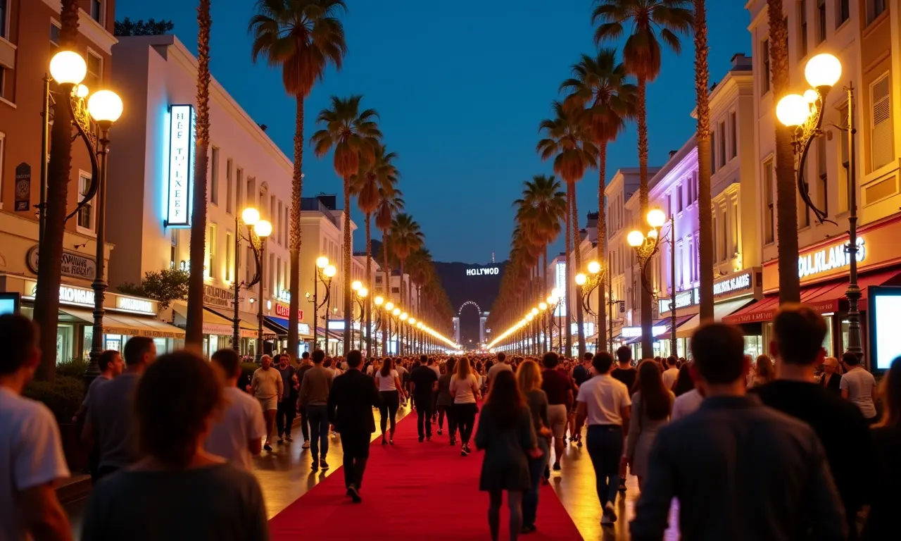 Hollywood Boulevard iluminado à noite, mostrando o brilho das estrelas.