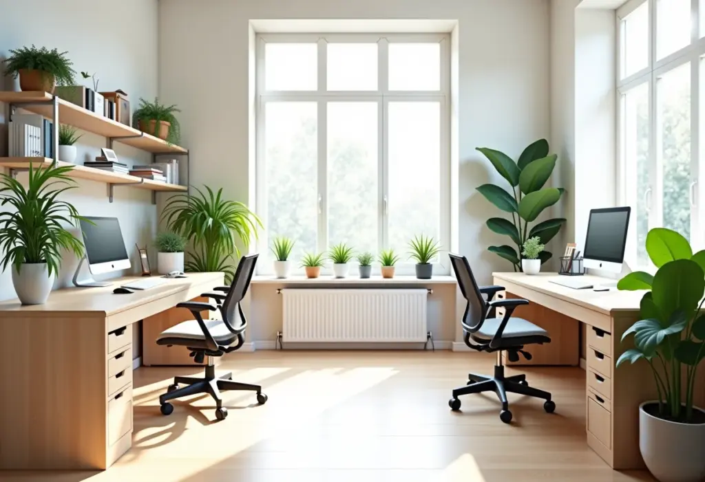Home office compartilhado com decoração clean e organizada