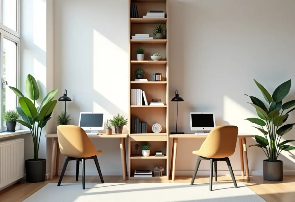 Home office compartilhado com espaços bem definidos e decoração clean