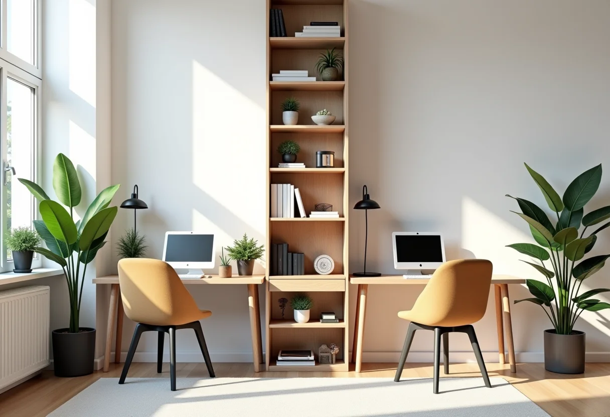 Home office compartilhado com espaços bem definidos e decoração clean